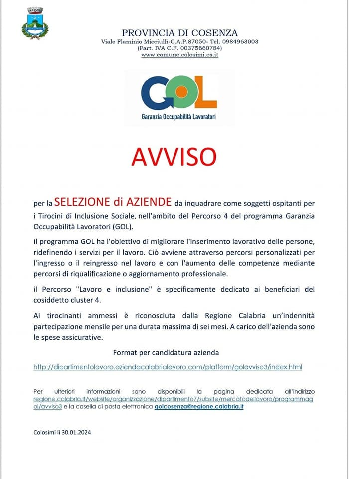 Avviso selezione Aziende GOL